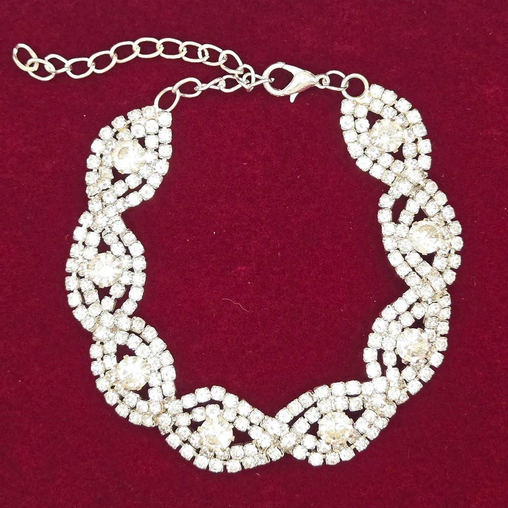 Silver Tone Rhinestone Marquise Link Adjustable Bracelet Clear Crystal Wedding